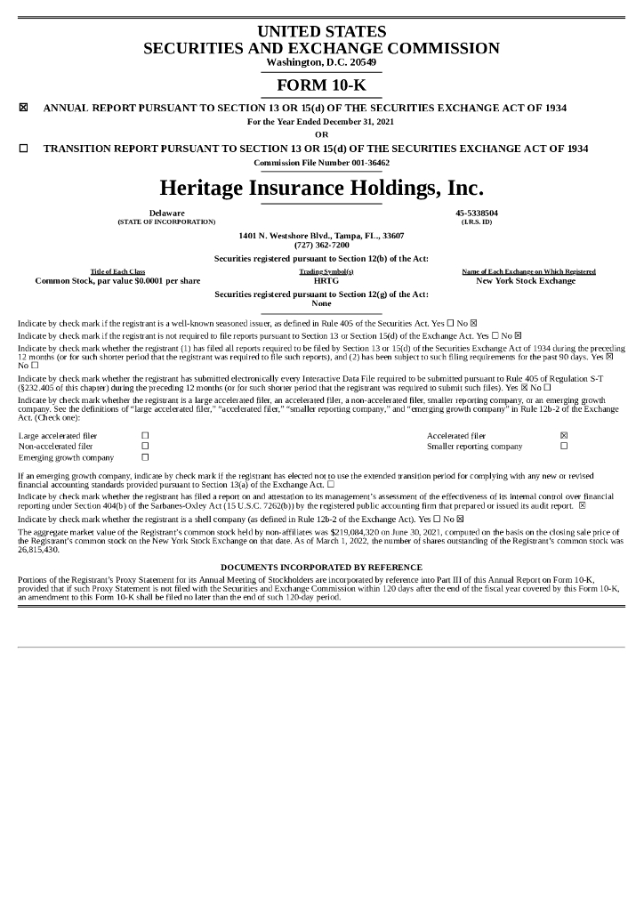 Heritage Insurance Holdings Inc（HRTG）2021财年年度报告（英文版）
