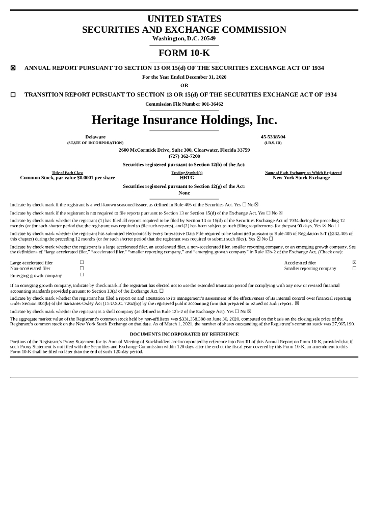 Heritage Insurance Holdings Inc（HRTG）2020财年年度报告（英文版）