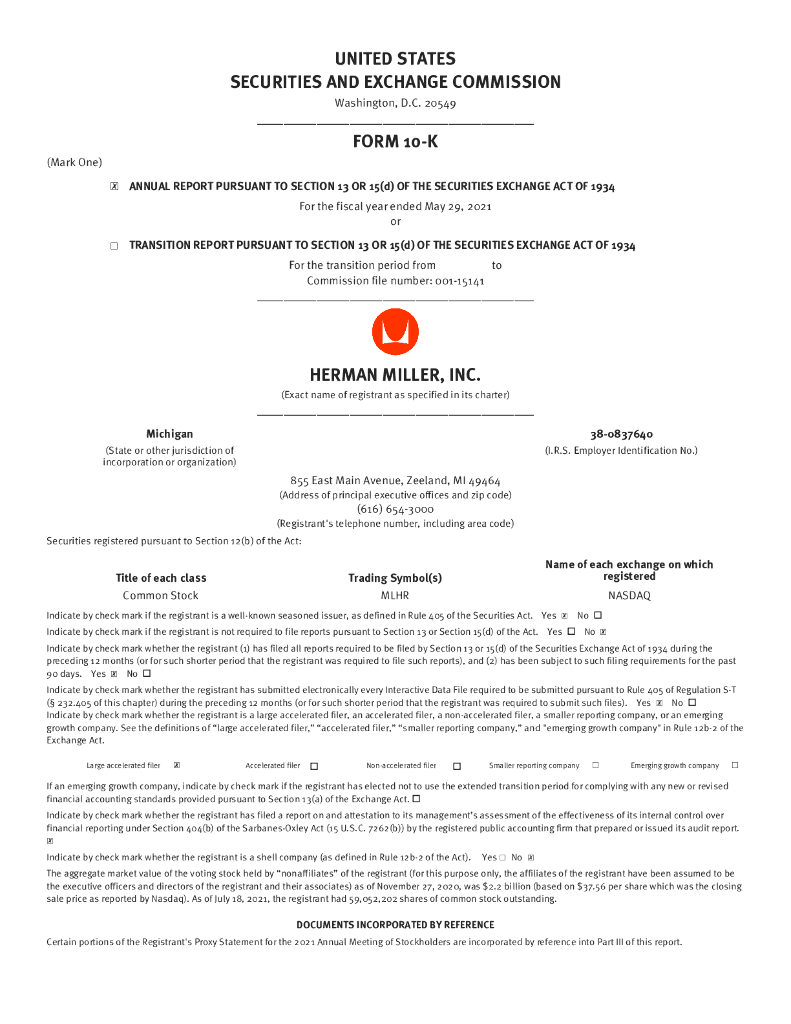Herman Miller Inc.（MLHR）2021财年年度报告（英文版）