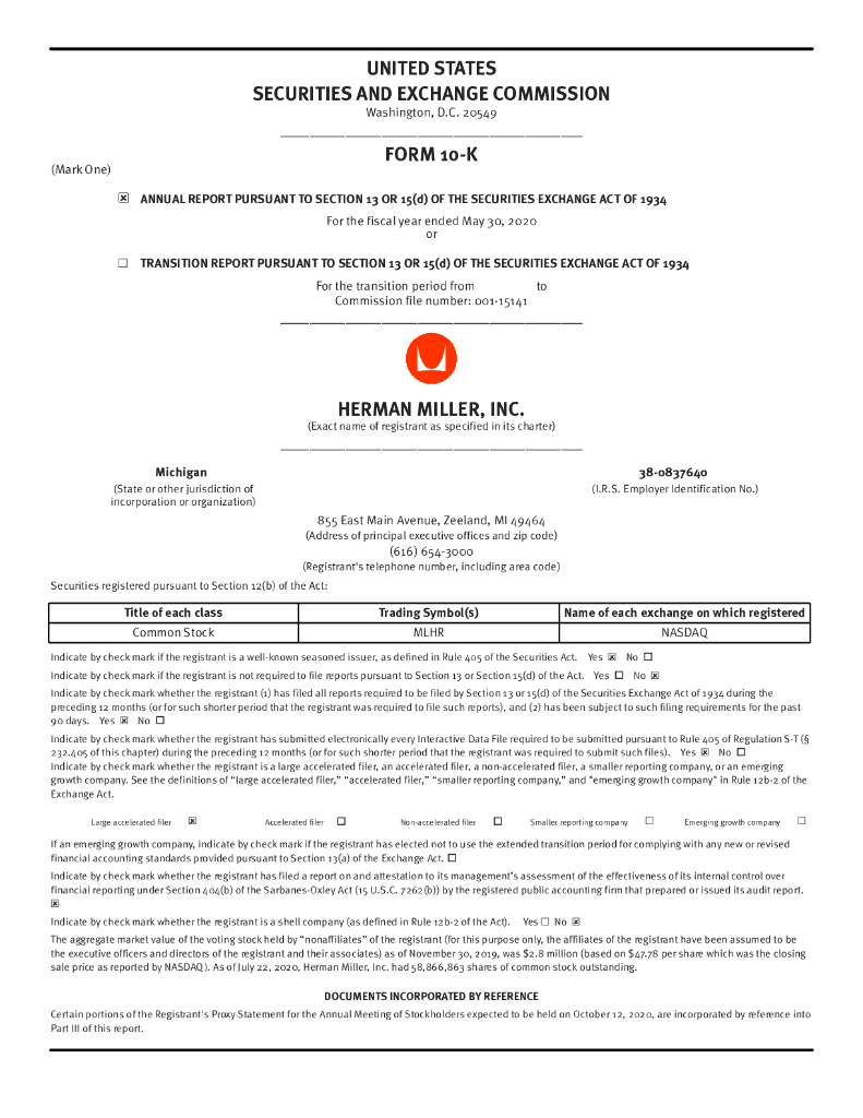 Herman Miller Inc.（MLHR）2020财年年度报告（英文版）