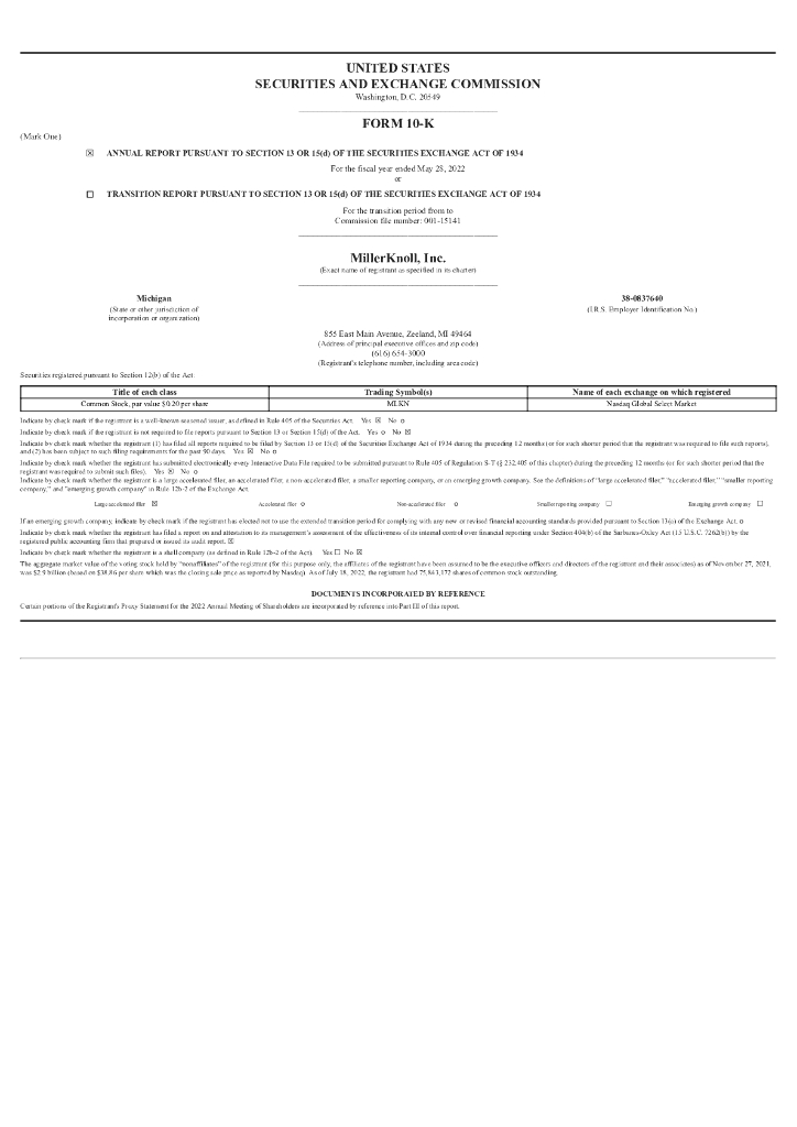 Herman Miller Inc.（MLHR）2022财年年度报告（英文版）