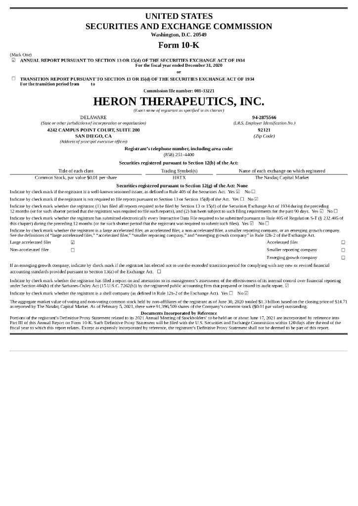 Heron Therapeutics Inc（HRTX）2020财年年度报告（英文版）