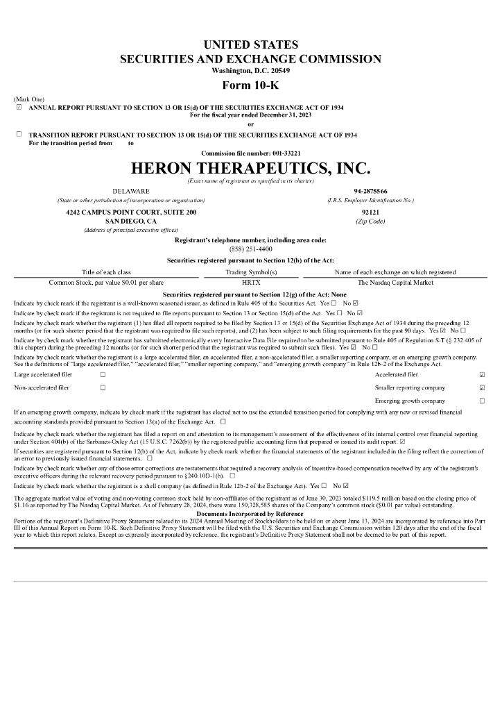 Heron Therapeutics Inc（HRTX）2023财年年度报告（英文版）