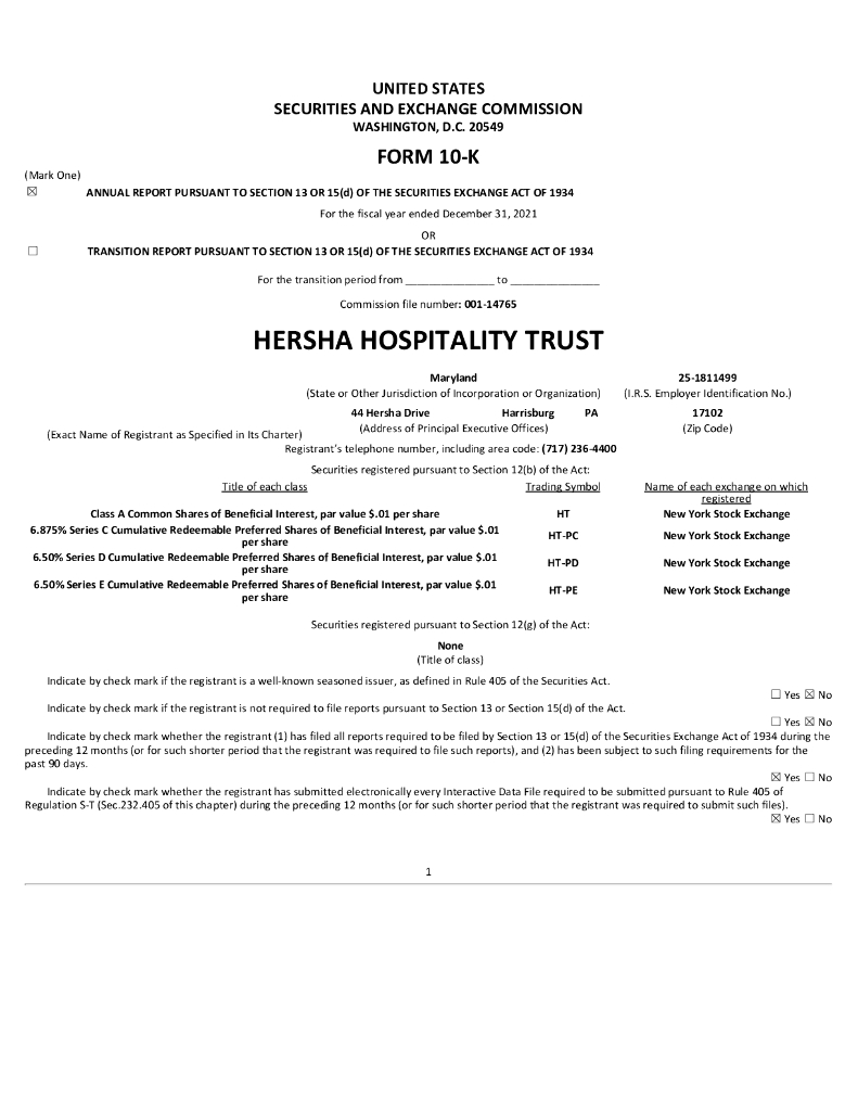 Hersha Hospitality Trust（HT）2021财年年度报告（英文版）