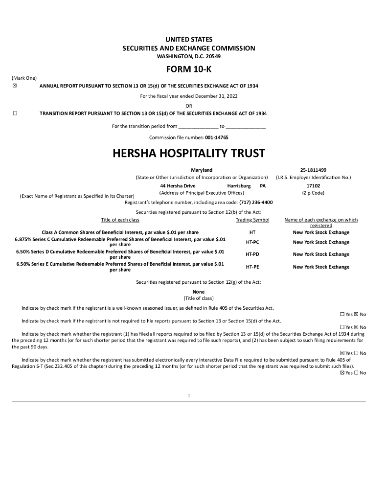 Hersha Hospitality Trust（HT）2022财年年度报告（英文版）