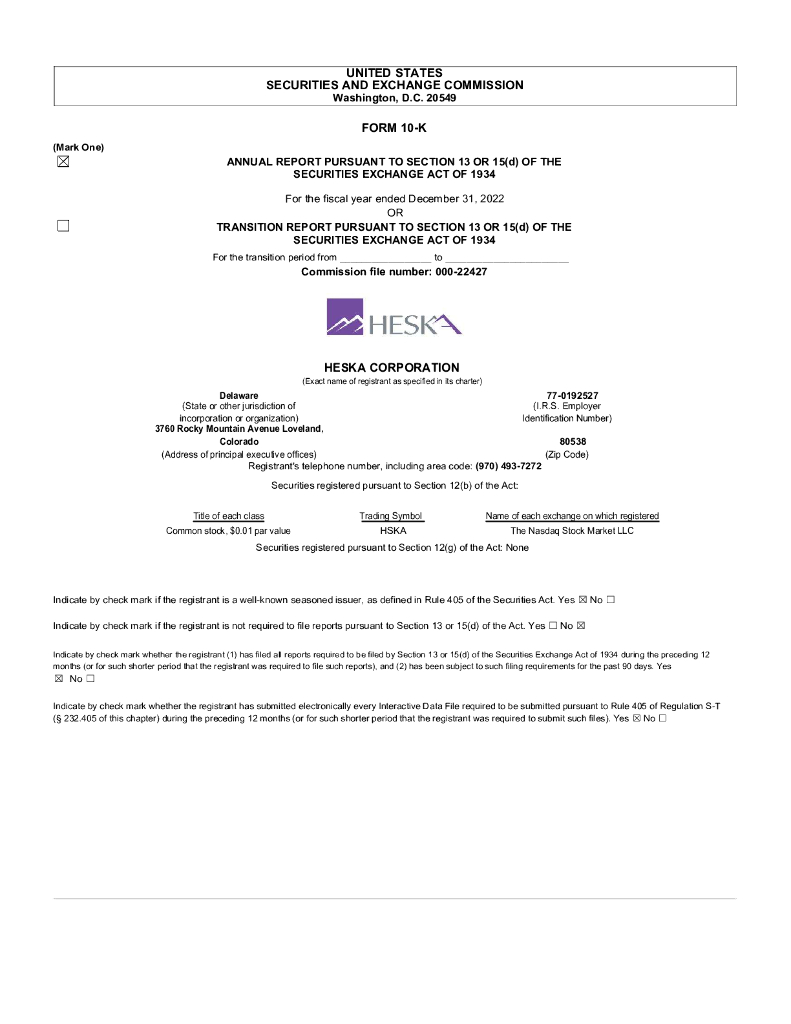 Heska Corp.（HSKA）2022财年年度报告（英文版）