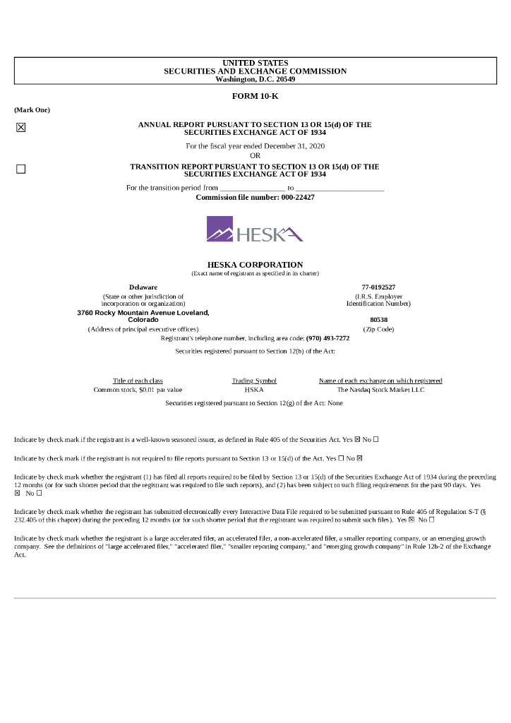 Heska Corp.（HSKA）2020财年年度报告（英文版）