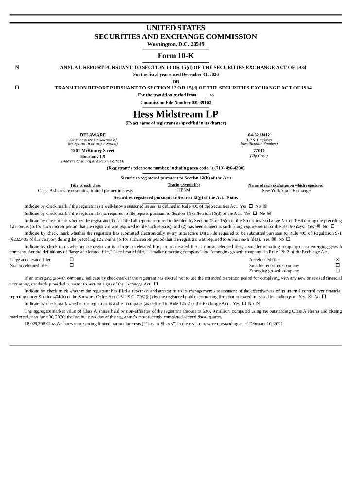 Hess Midstream LP（HESM）2020财年年度报告（英文版）