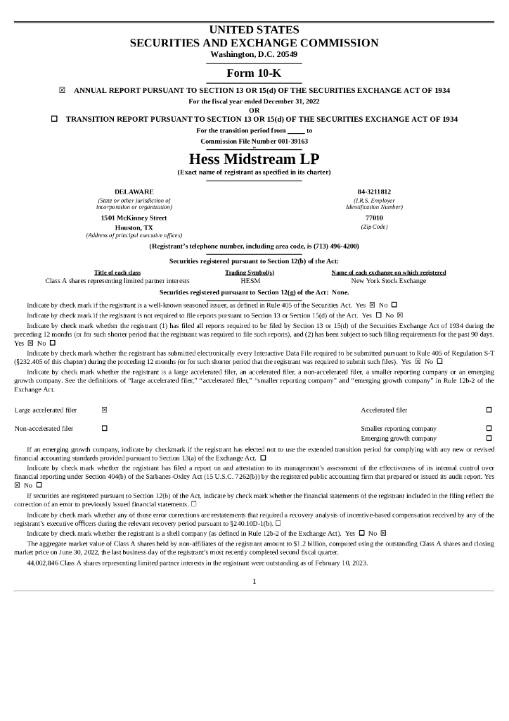 Hess Midstream LP（HESM）2022财年年度报告（英文版）