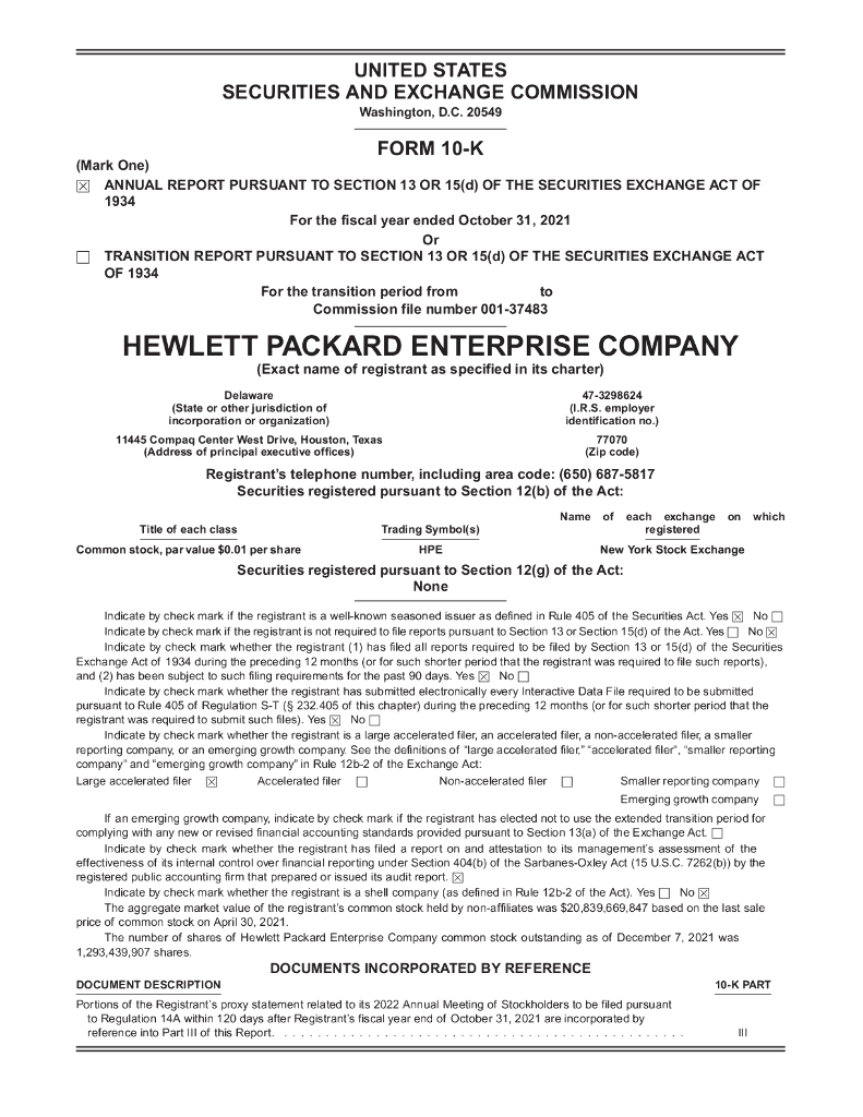 Hewlett Packard Enterprise Company（HPE）2021财年年度报告（英文版）