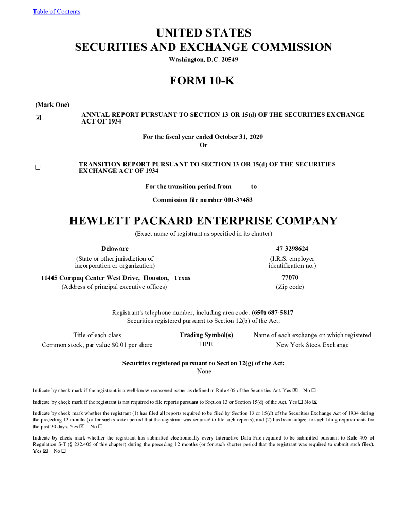 Hewlett Packard Enterprise Company（HPE）2020财年年度报告（英文版）