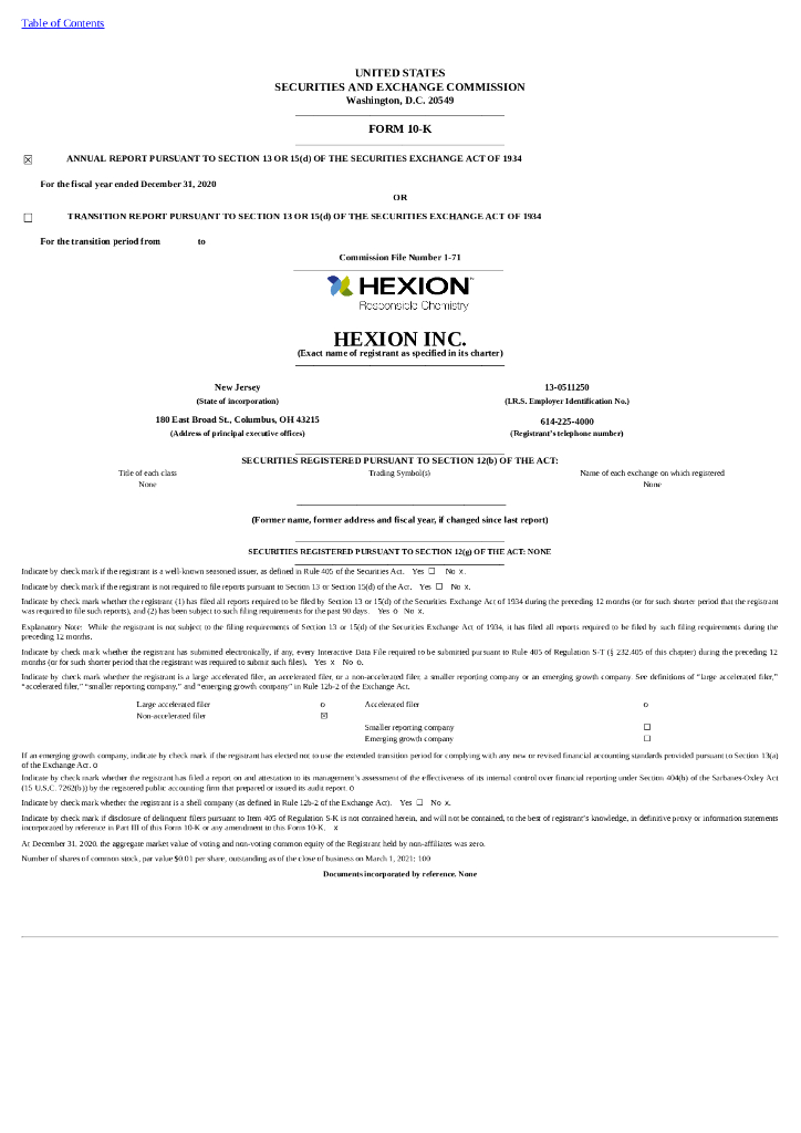 Hexion Inc（HXOH）2020财年年度报告（英文版）