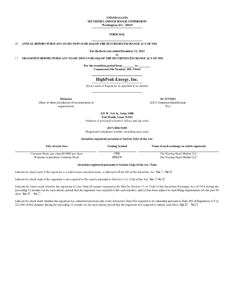 HighPeak Energy Inc.（HPK）2022财年年度报告（英文版）