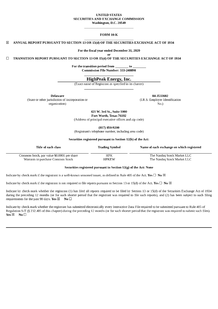HighPeak Energy Inc.（HPK）2020财年年度报告（英文版）