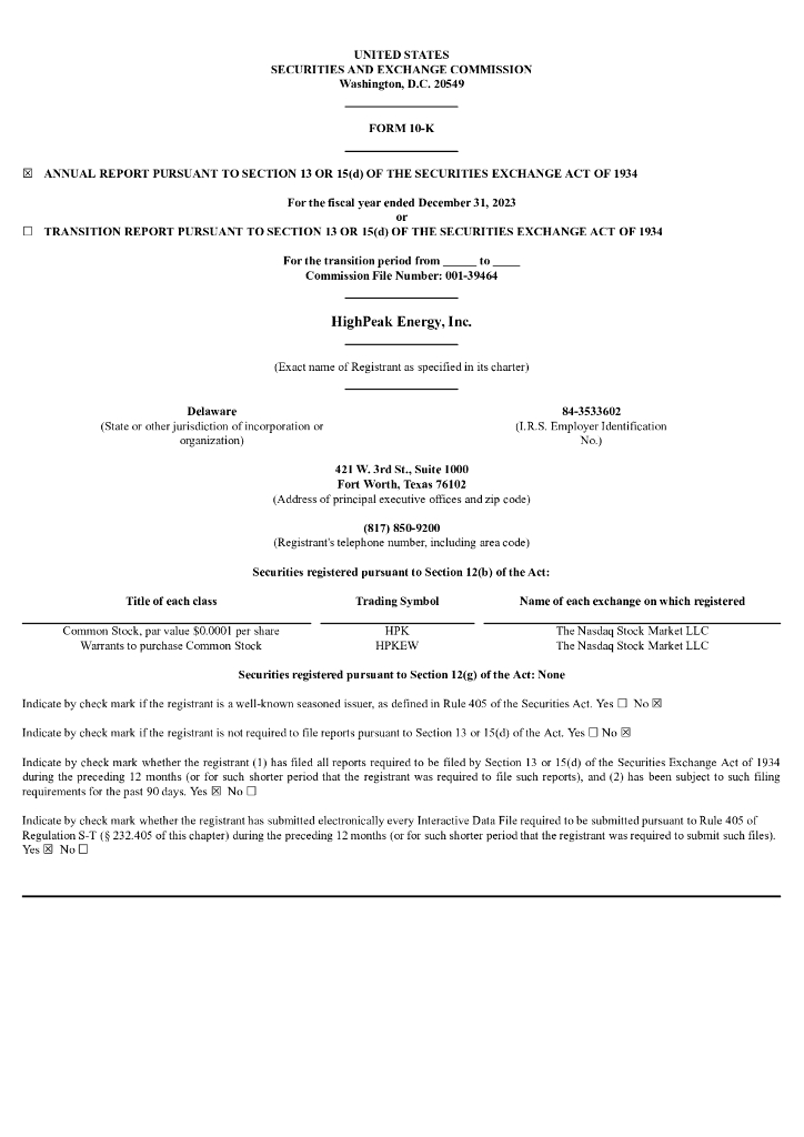HighPeak Energy Inc.（HPK）2023财年年度报告（英文版）