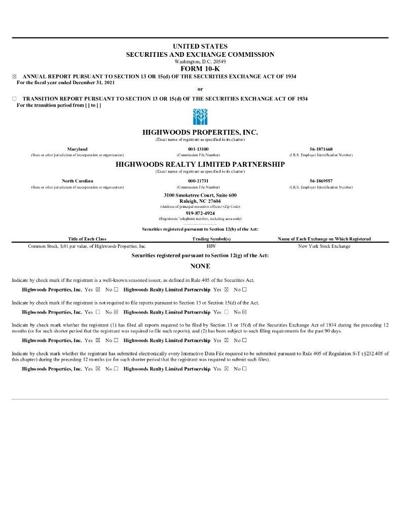 Highwoods Properties Inc（HIW）2021财年年度报告（英文版）
