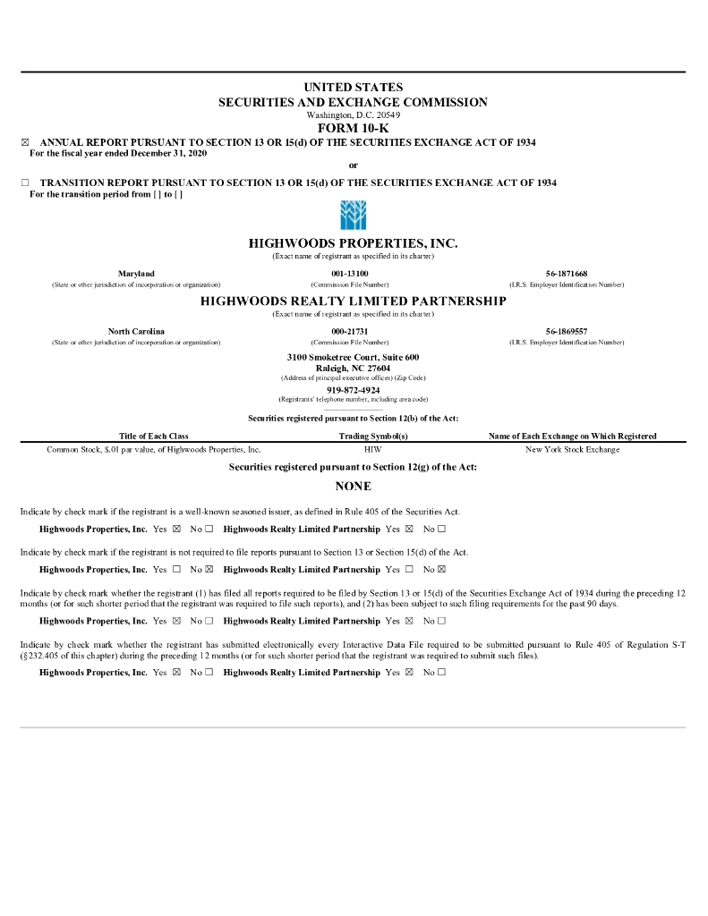 Highwoods Properties Inc（HIW）2020财年年度报告（英文版）
