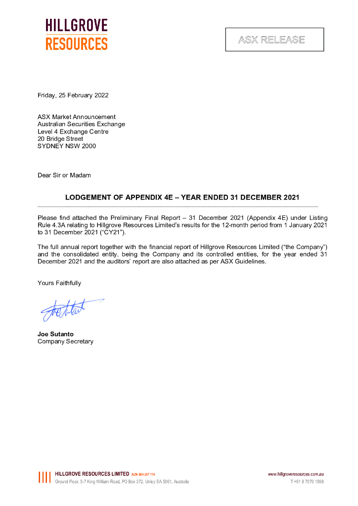 Hillgrove Resources（HGO）2021财年年度报告（英文版）