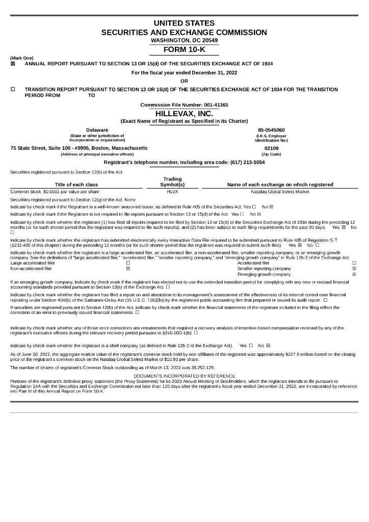 HilleVax,Inc.（HLVX）2022财年年度报告（英文版）
