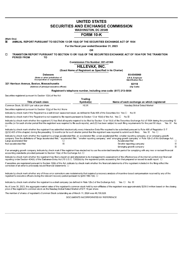 HilleVax,Inc.（HLVX）2023财年年度报告（英文版）