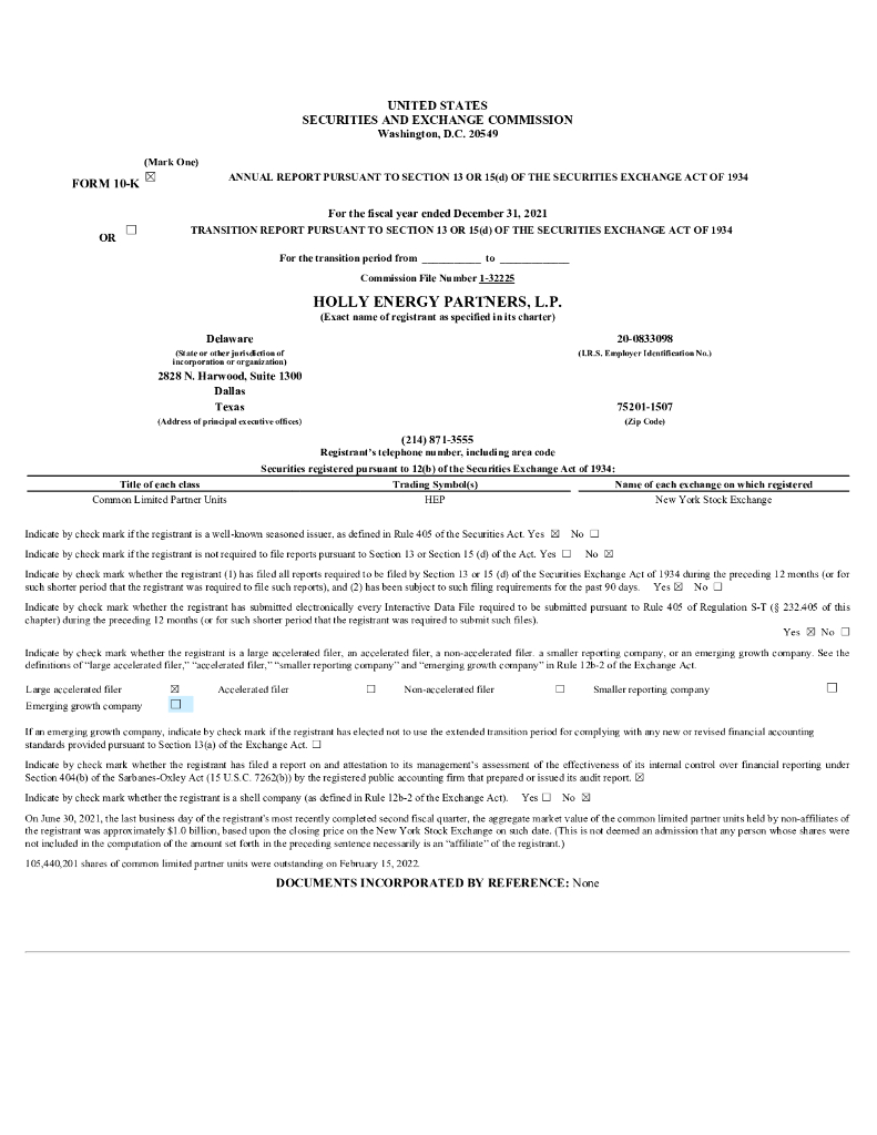 Holly Energy Partners L.P.（HEP）2021财年年度报告（英文版）