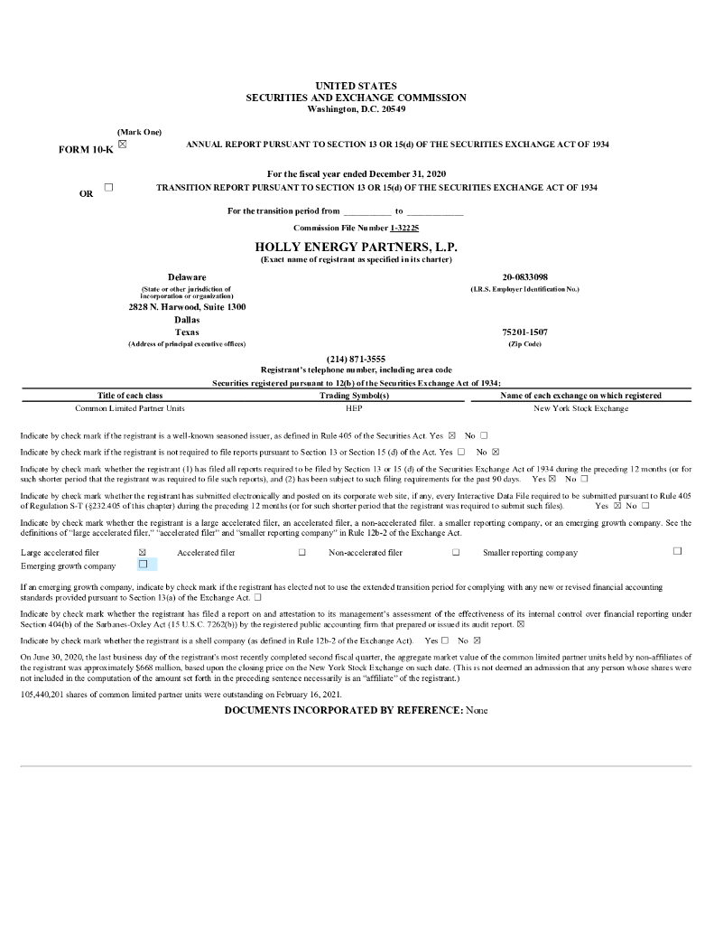 Holly Energy Partners L.P.（HEP）2020财年年度报告（英文版）