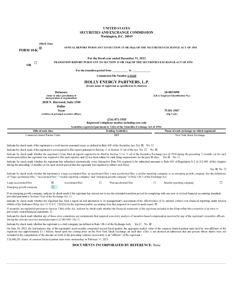 Holly Energy Partners L.P.（HEP）2022财年年度报告（英文版）