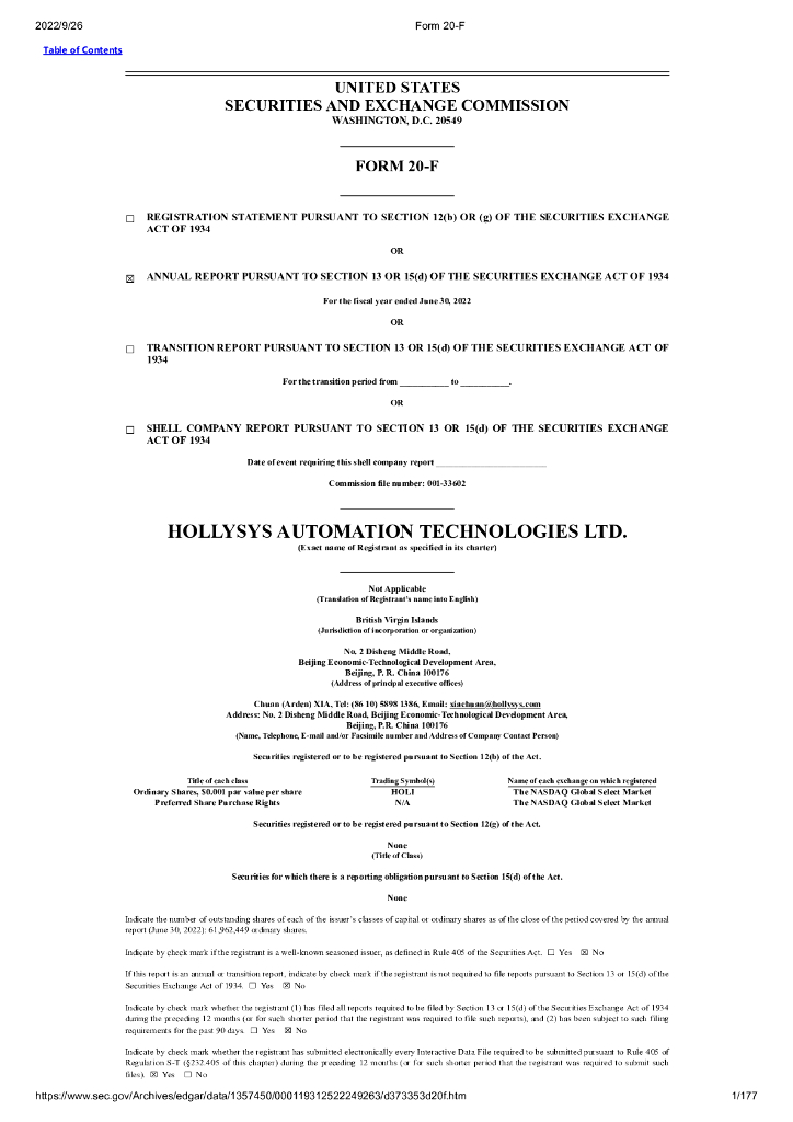 Hollysys Automation Technologies,Ltd.（HOLI）2022财年年度报告（英文版）