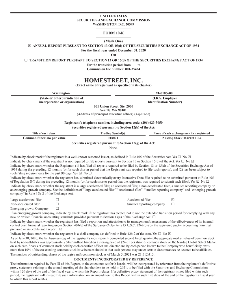 HomeStreet Inc（HMST）2020财年年度报告（英文版）