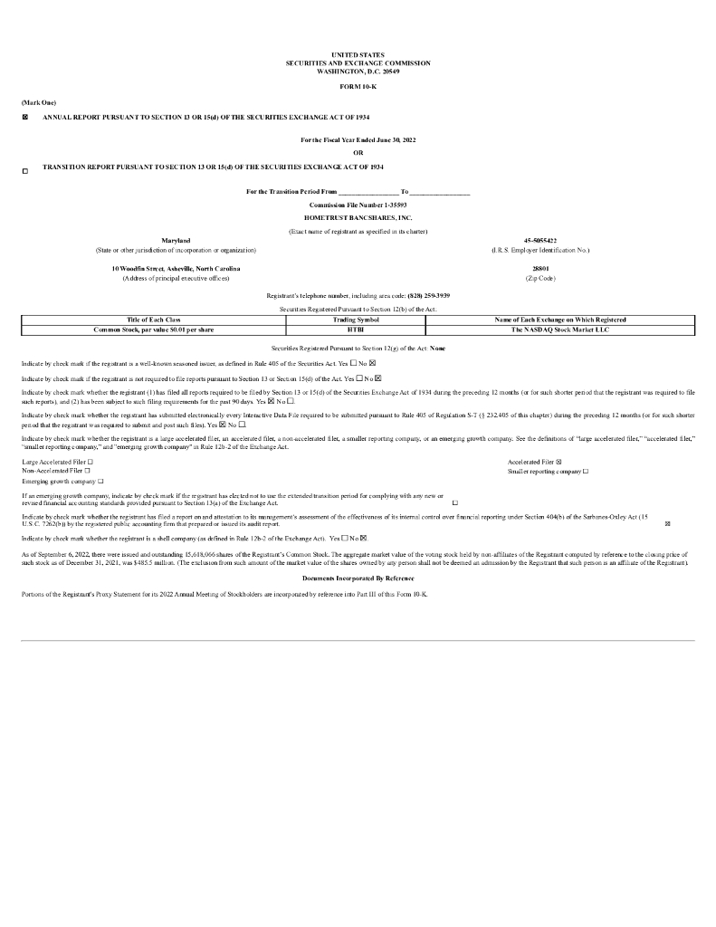 Hometrust Bancshares Inc（HTBI）2022财年年度报告（英文版）