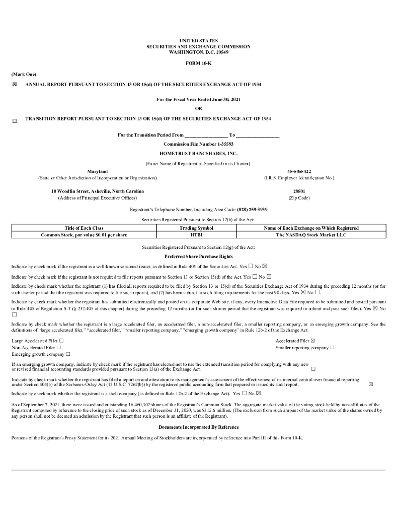 Hometrust Bancshares Inc（HTBI）2021财年年度报告（英文版）