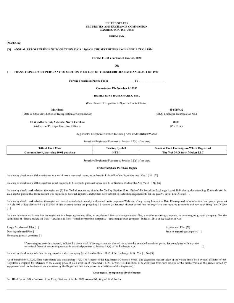 Hometrust Bancshares Inc（HTBI）2020财年年度报告（英文版）