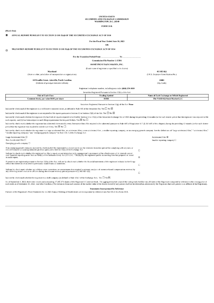 Hometrust Bancshares Inc（HTBI）2023财年年度报告（英文版）
