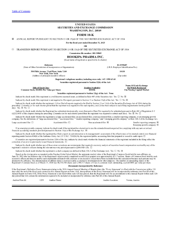 HOOKIPA Pharma Inc.（HOOK）2023财年年度报告（英文版）