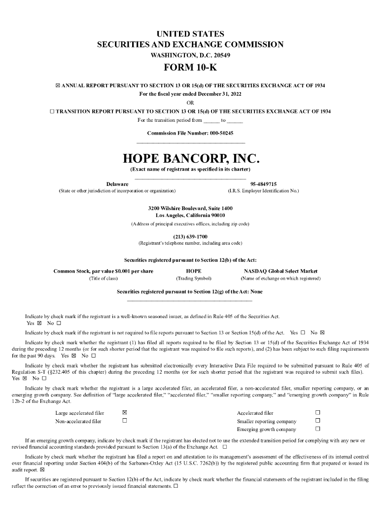 Hope Bancorp,Inc.（HOPE）2022财年年度报告（英文版）
