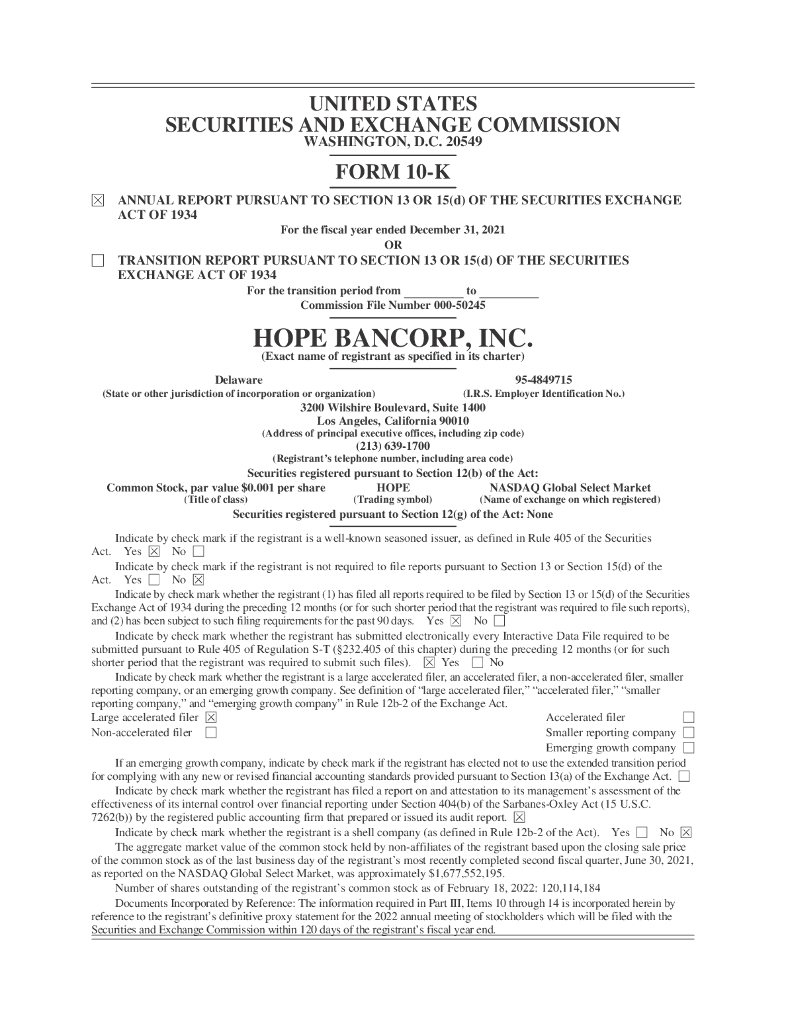 Hope Bancorp,Inc.（HOPE）2021财年年度报告（英文版）
