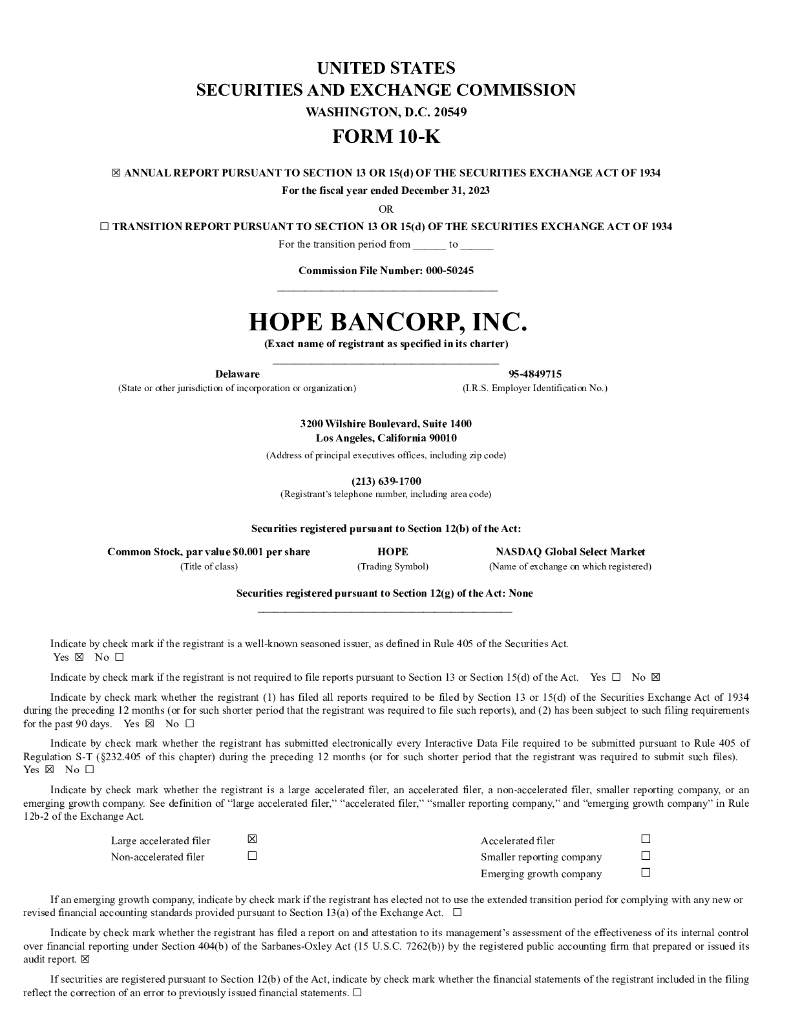 Hope Bancorp,Inc.（HOPE）2023财年年度报告（英文版）