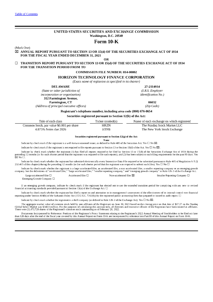 Horizon Technology Finance Corporation（HRZN）2021财年年度报告（英文版）