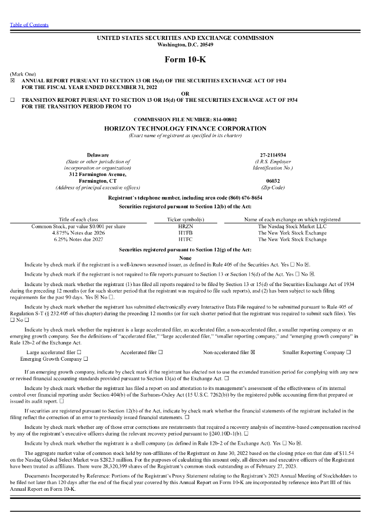 Horizon Technology Finance Corporation（HRZN）2022财年年度报告（英文版）