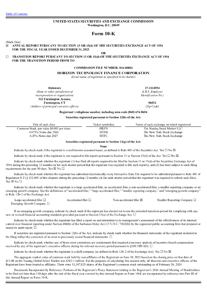 Horizon Technology Finance Corporation（HRZN）2023财年年度报告（英文版）