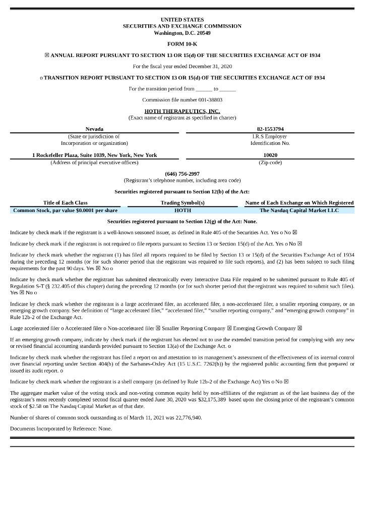 Hoth Therapeutics,Inc.（HOTH）2020财年年度报告（英文版）