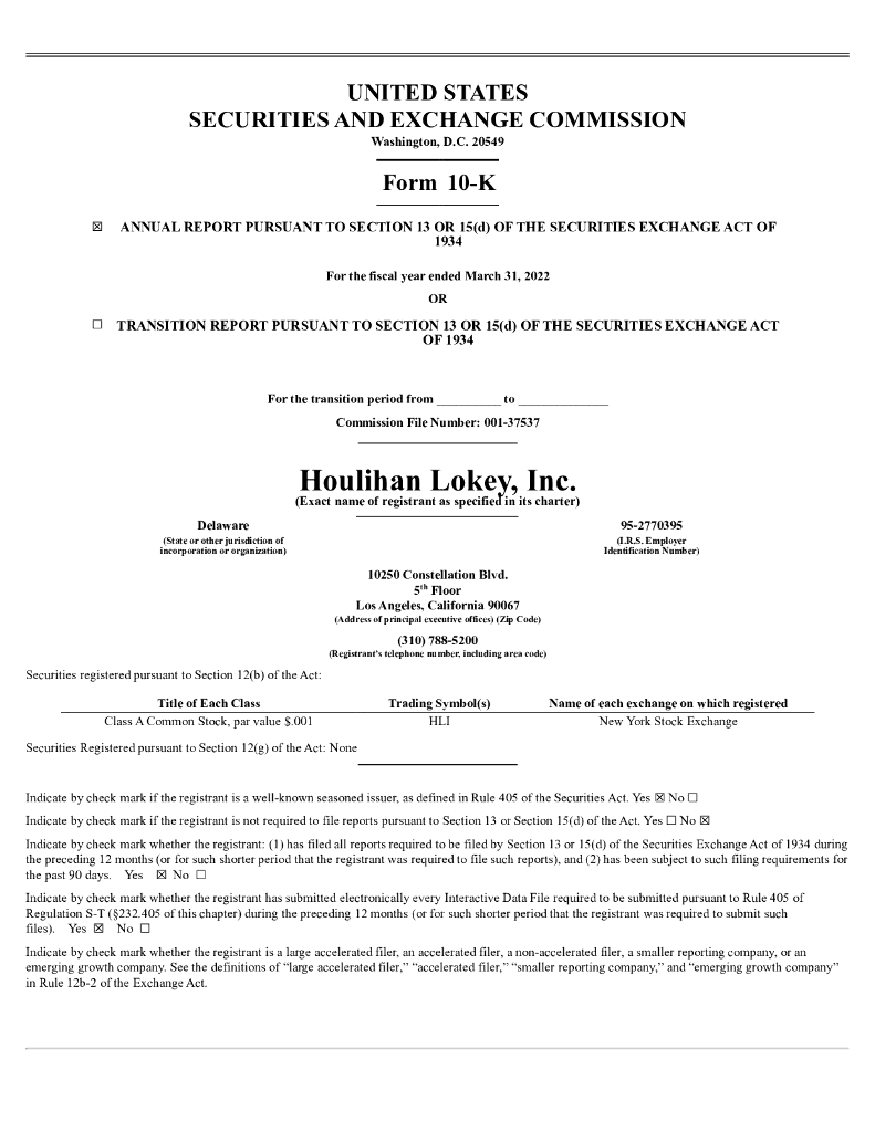 Houlihan Lokey,Inc.（HLI）2022财年年度报告（英文版）