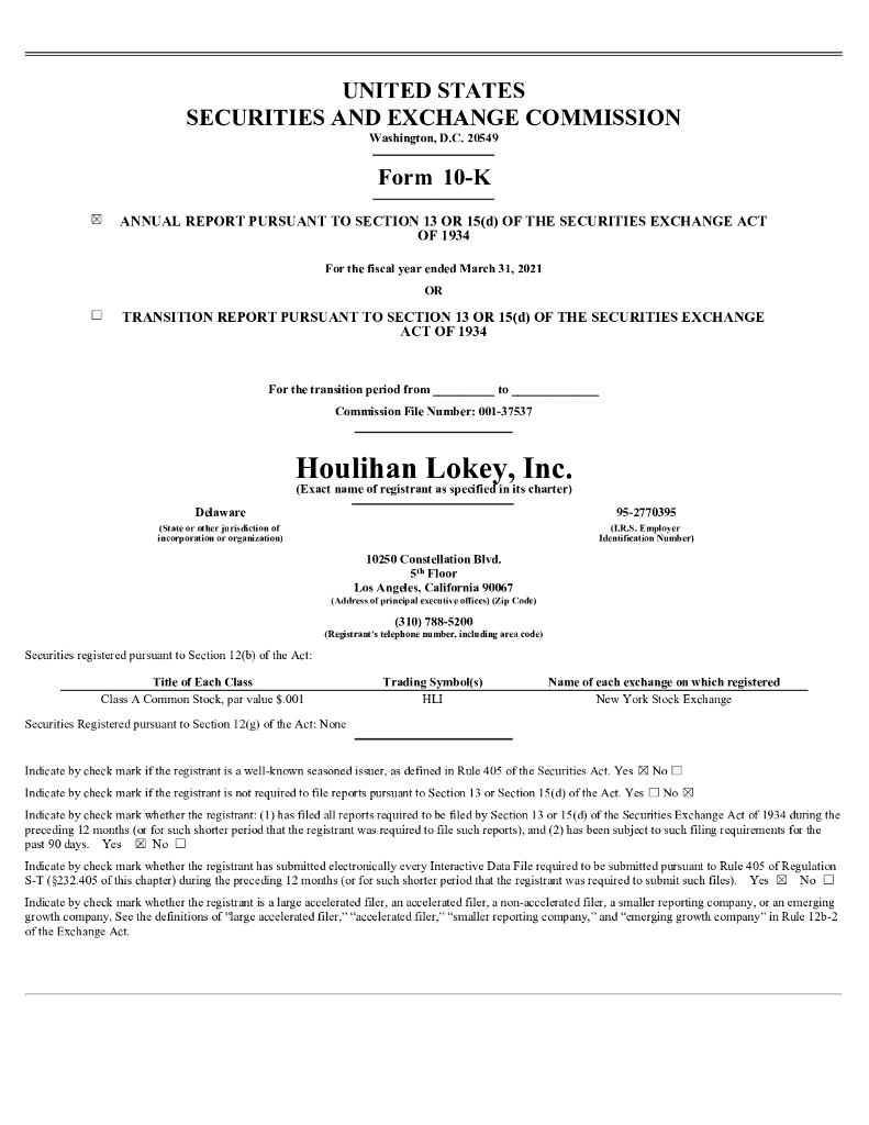 Houlihan Lokey,Inc.（HLI）2021财年年度报告（英文版）