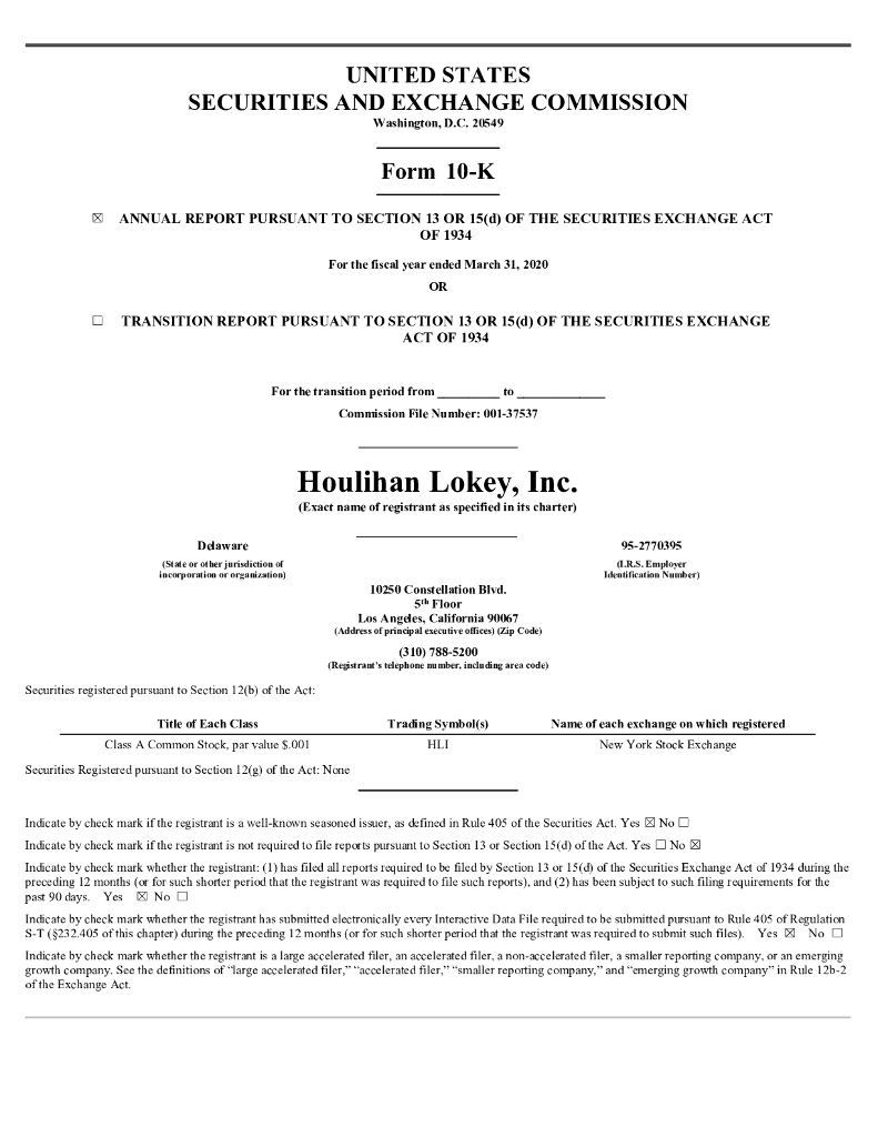 Houlihan Lokey,Inc.（HLI）2020财年年度报告（英文版）