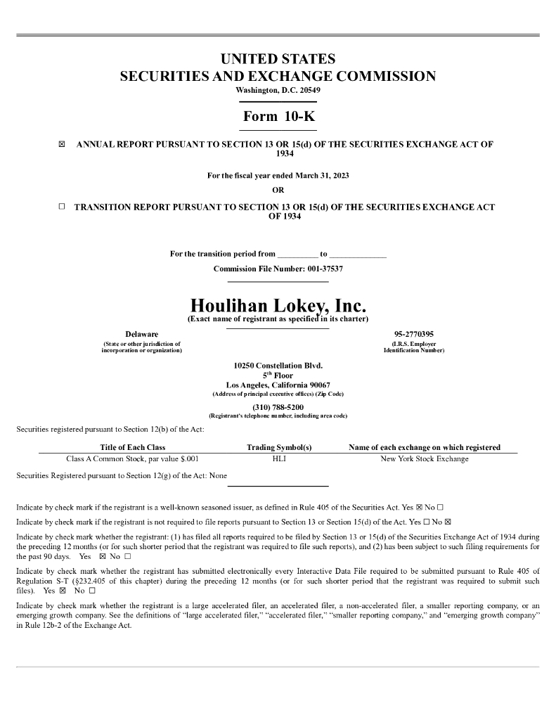 Houlihan Lokey,Inc.（HLI）2023财年年度报告（英文版）