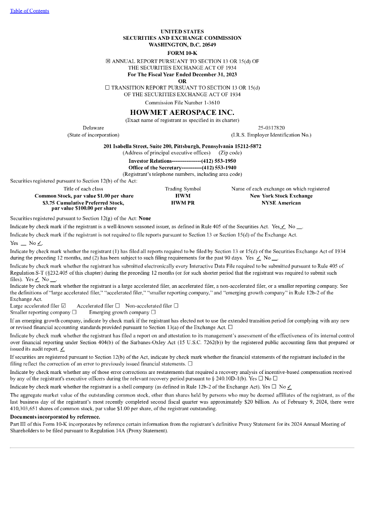 Howmet Aerospace Inc.（HWM）2023财年年度报告（英文版）