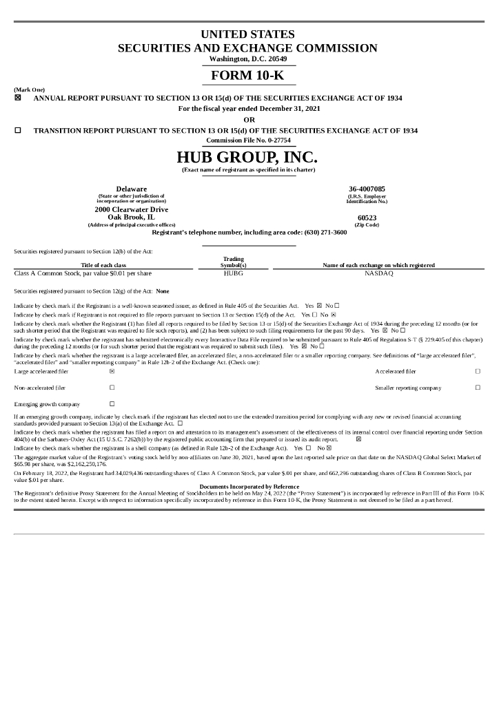 Hub Group Inc（HUBG）2021财年年度报告（英文版）