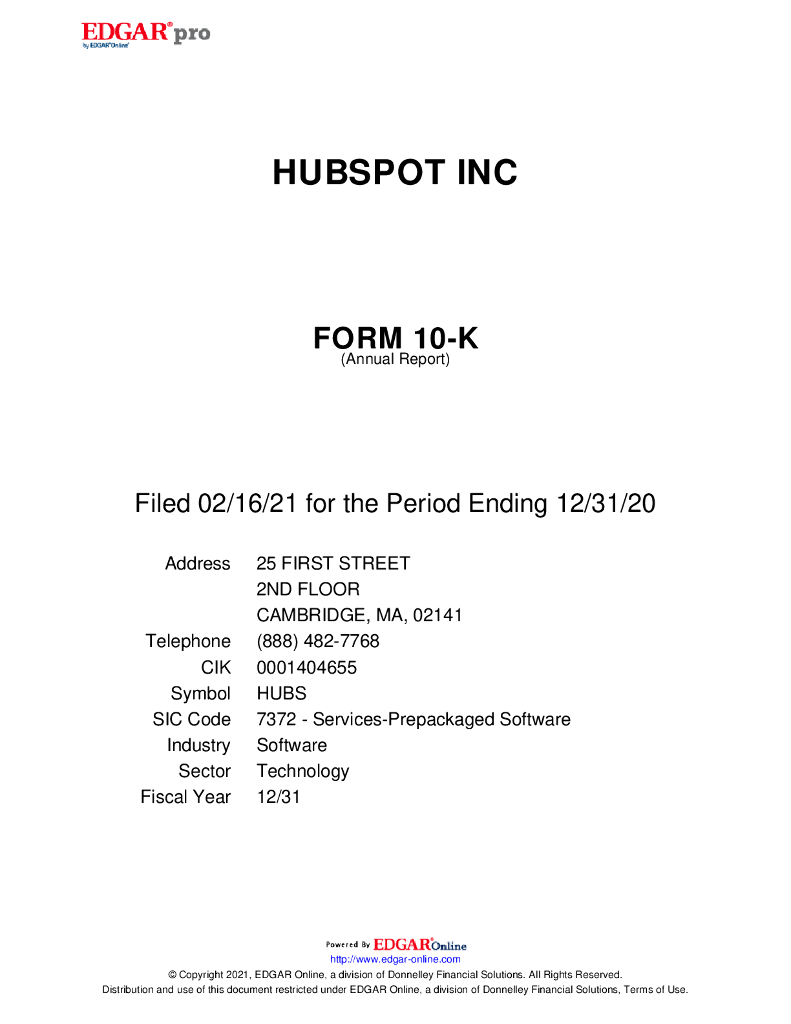 HubSpot Inc（HUBS）2020财年年度报告（英文版）