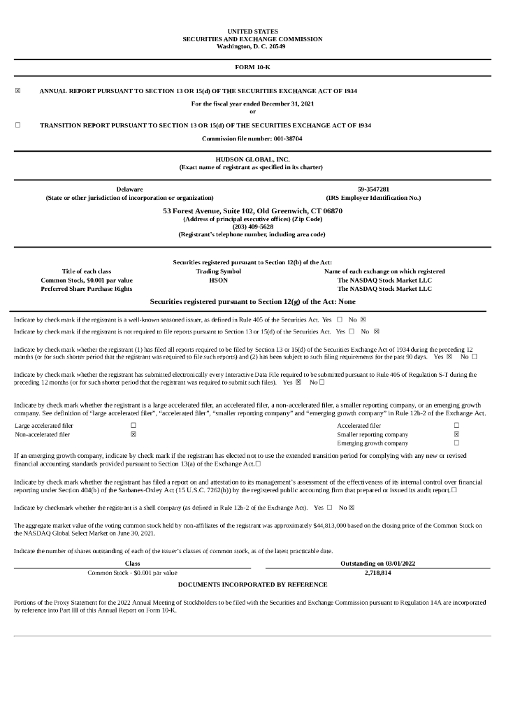 Hudson Highland Group Inc.（HHGP）2021财年年度报告（英文版）
