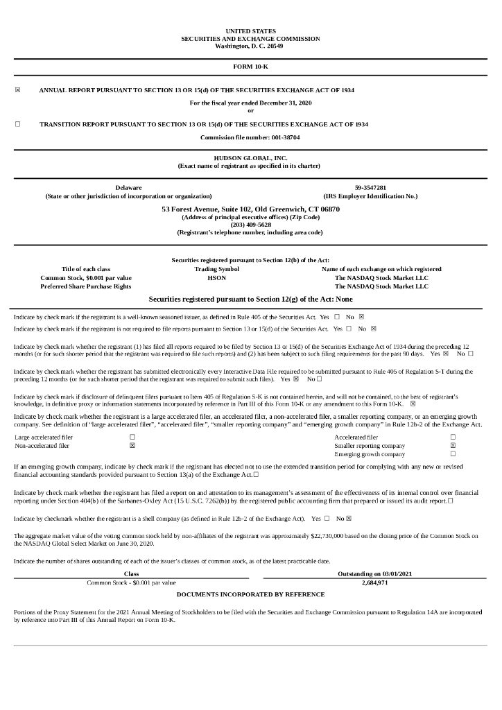 Hudson Highland Group Inc.（HHGP）2020财年年度报告（英文版）